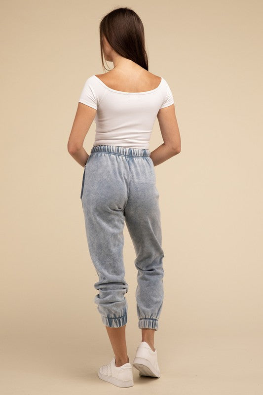 ZENANA Acid Wash Side Pockets Fleece Drawstring Cropped Sweatpants