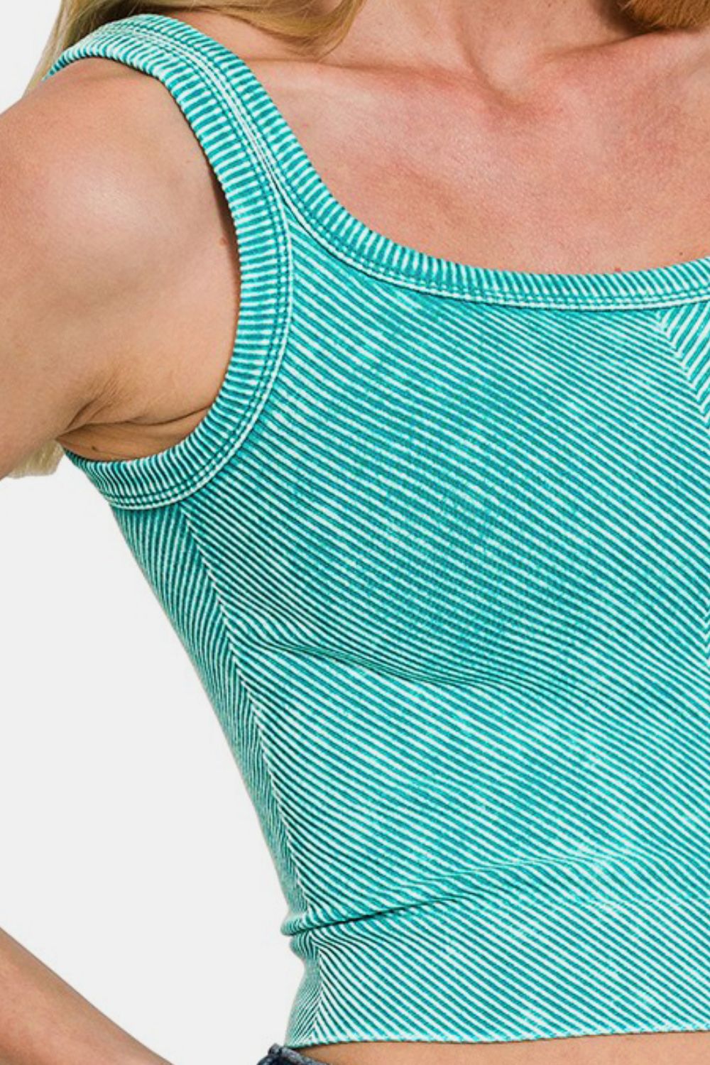 Zenana Stone Washed Ribbed Scoop Neck Seamless Wide Strap Tank Top | Light Teal