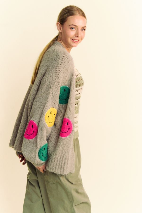 Davi & Dani Fuzzy Smile Long Bell Sleeves Oversized Open Knit Cardigan | Gray