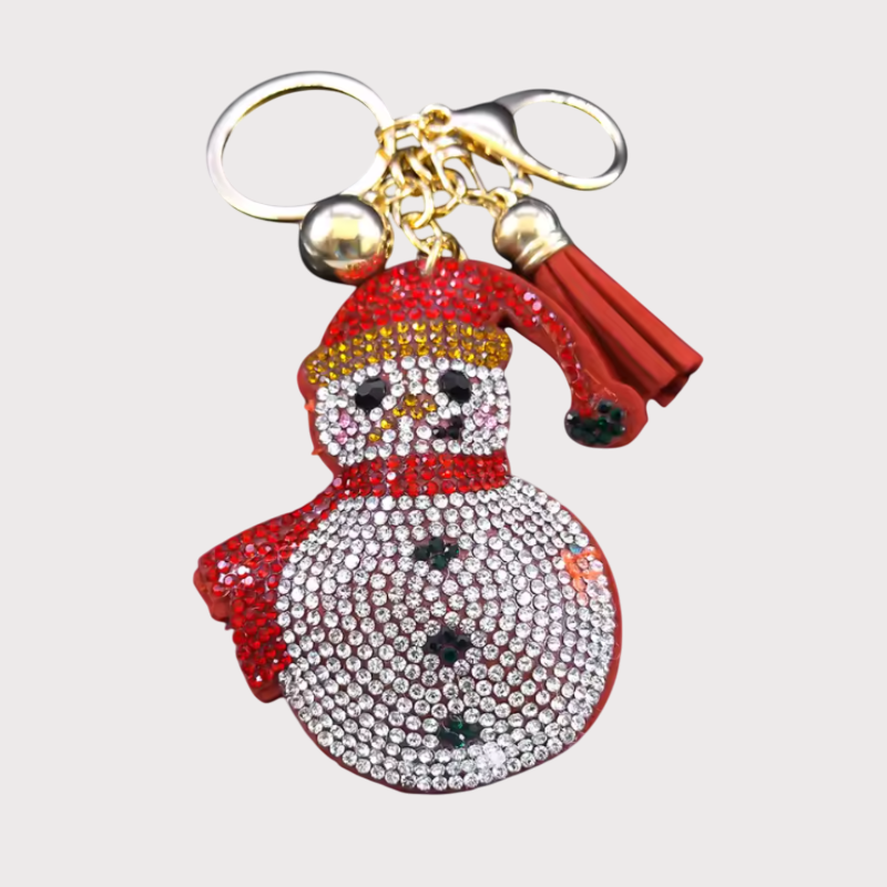 Adorable Rhinestone Snowman Pillow Puffy Tassel Christmas Keychain Bag Charm