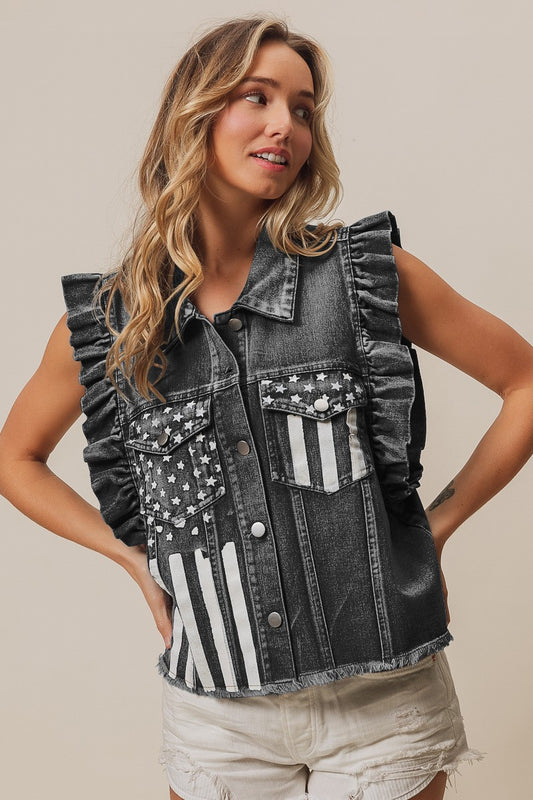 BiBi American Flag Pattern Buttoned Ruffle Sleeves Charcoal Washed Denim Jacket
