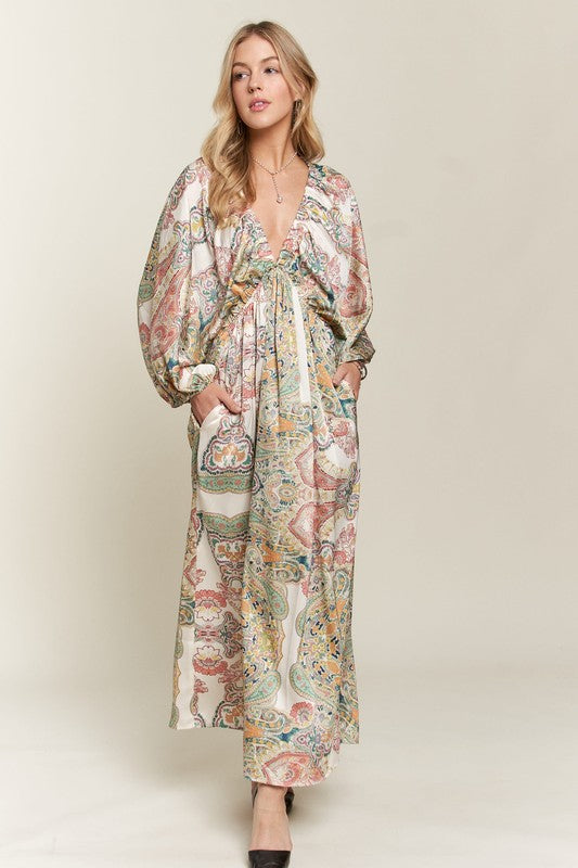 ADORA Boho Printed V-Neck Batwing Sleeves Side Pockets Maxi Dress | Light Green