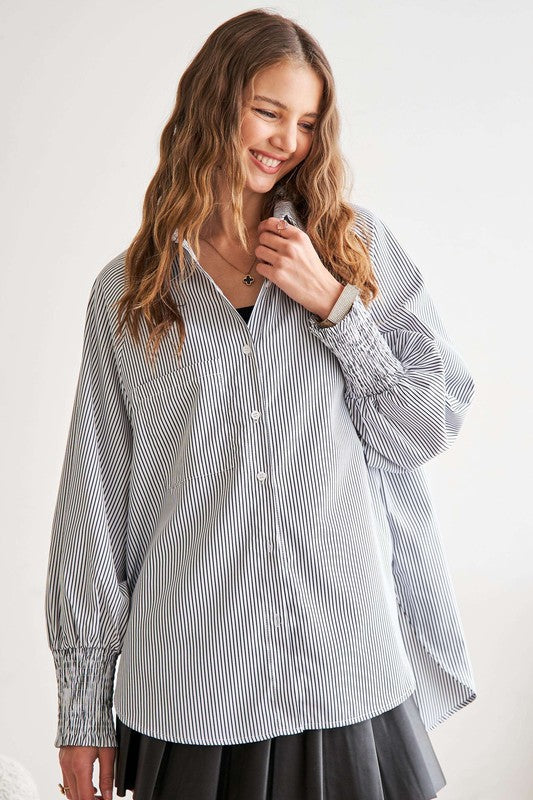 ADORA High-Low Striped Print Button Down Smocked Cuff Sleeves Shirt | Gray