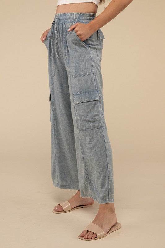 ZENANA Washed Linen Elastic Waist Band Cargo Pockets Relaxed Pants