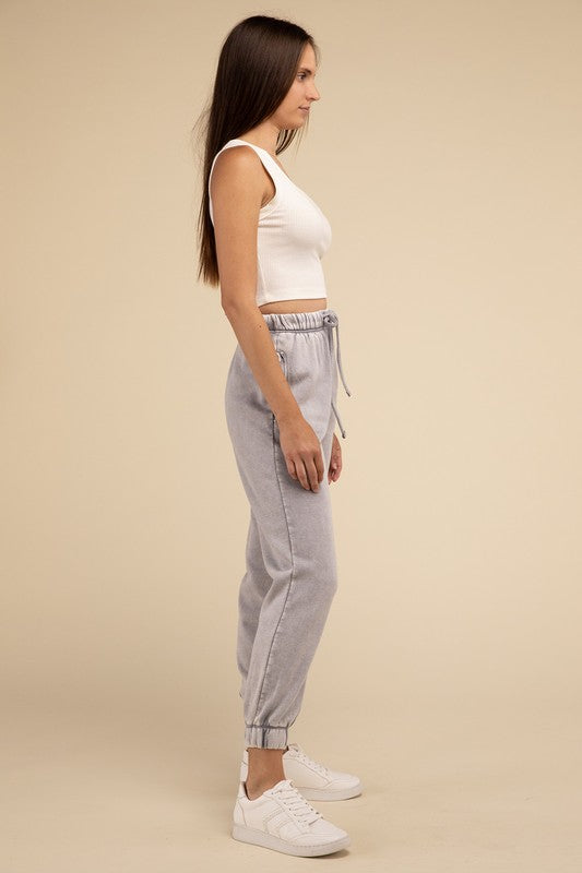 ZENANA Acid Wash Side Pockets Fleece Drawstring Cropped Sweatpants