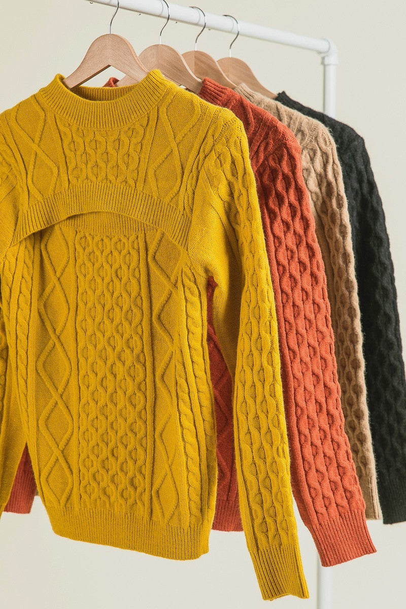 BiBi Cut Out Chest Detail Long Sleeves Twist Knitted Pullover Sweater | Mustard