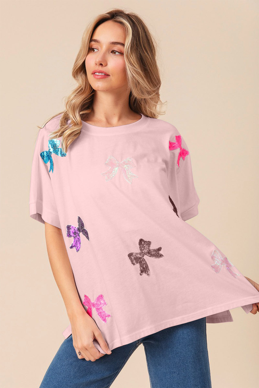 BiBi Solid Drop Shoulders Sequin Bows Patch Short Sleeves T-Shirt | Blush