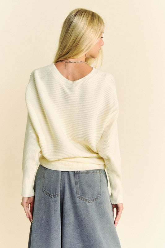 Davi & Dani Round Neck Batwing Sleeves Ribbed Knit Pullover Sweater | Cream