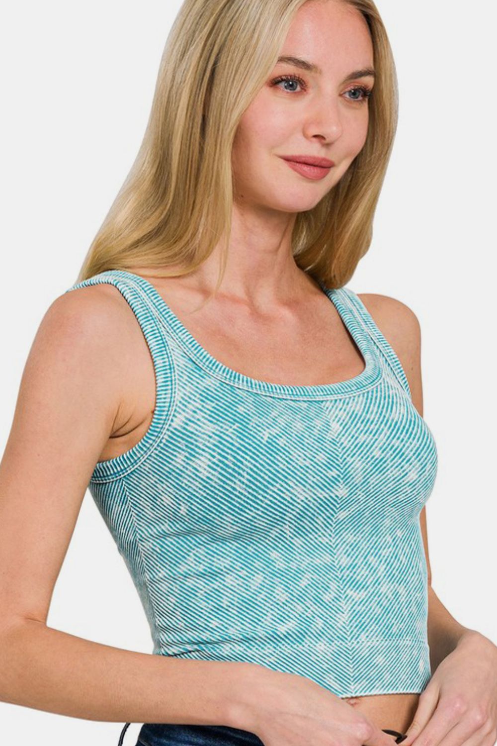 Zenana Stone Washed Ribbed Scoop Neck Seamless Wide Strap Tank Top | Ice Blue