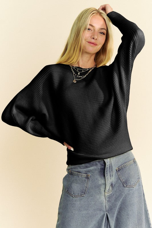 Davi & Dani Round Neck Batwing Sleeve Sweater | Black