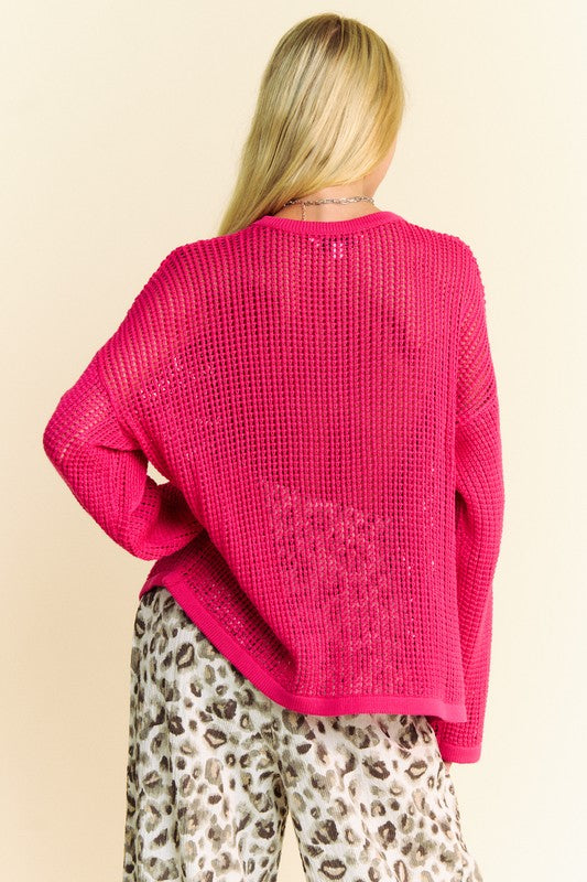 Davi & Dani Star Front Crochet Drop Shoulder Open Knit Pullover Sweater | Rose