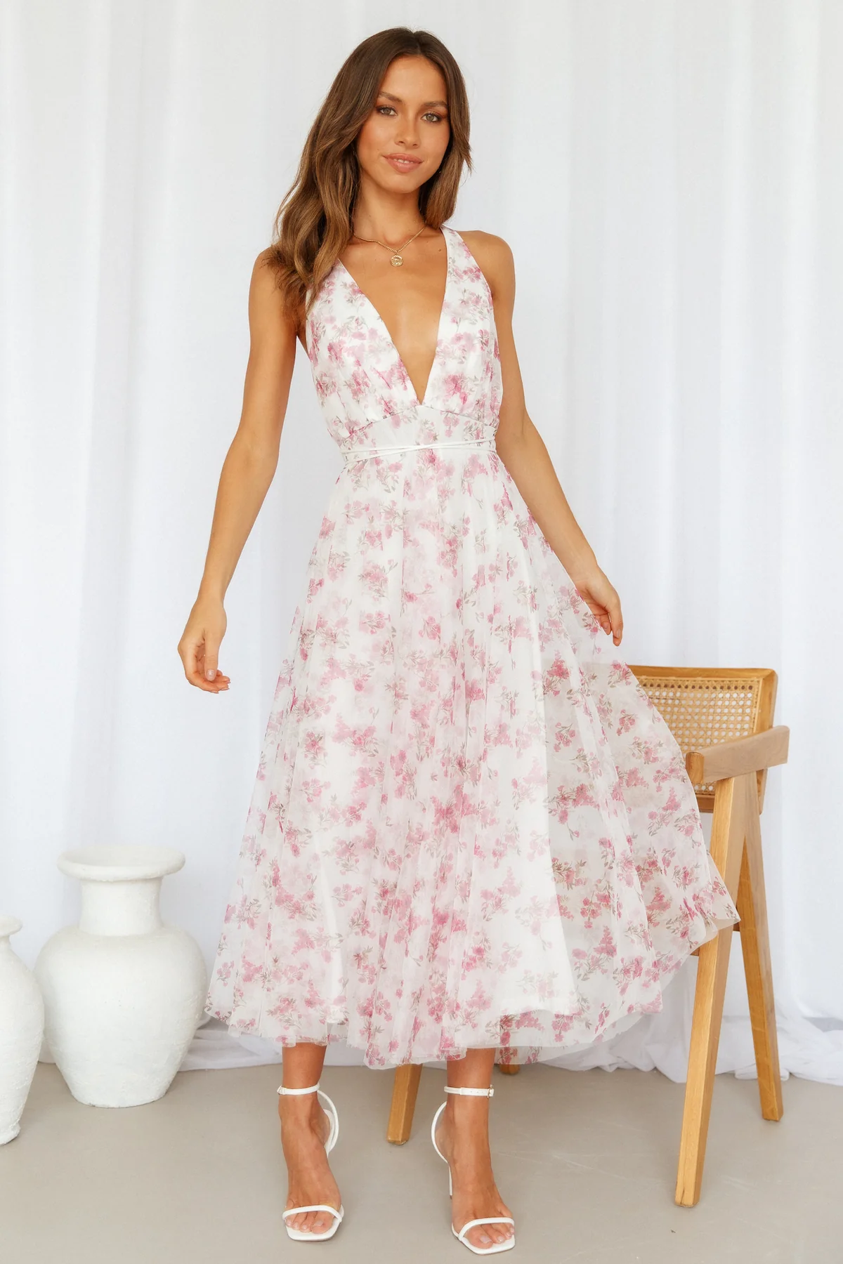 ONE & ONLY Floral Print Plunging Neck Tulle Maxi Dress in Pink
