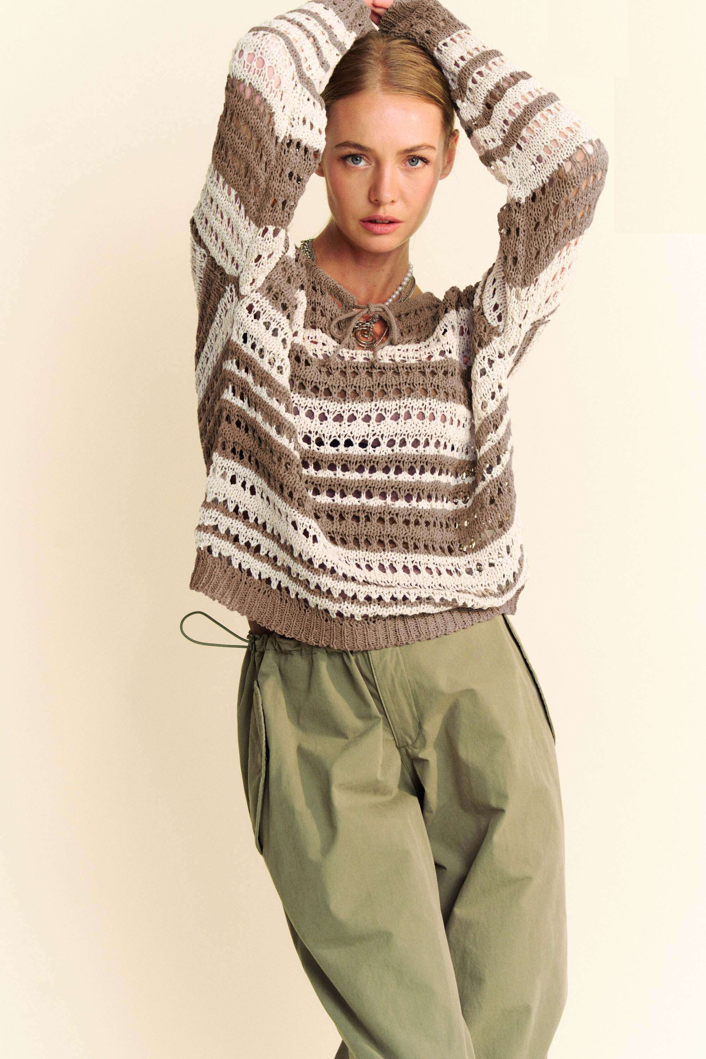 Davi & Dani Contrast Striped Crochet Tie Ribbon Loose Fit Knit Sweater | Taupe