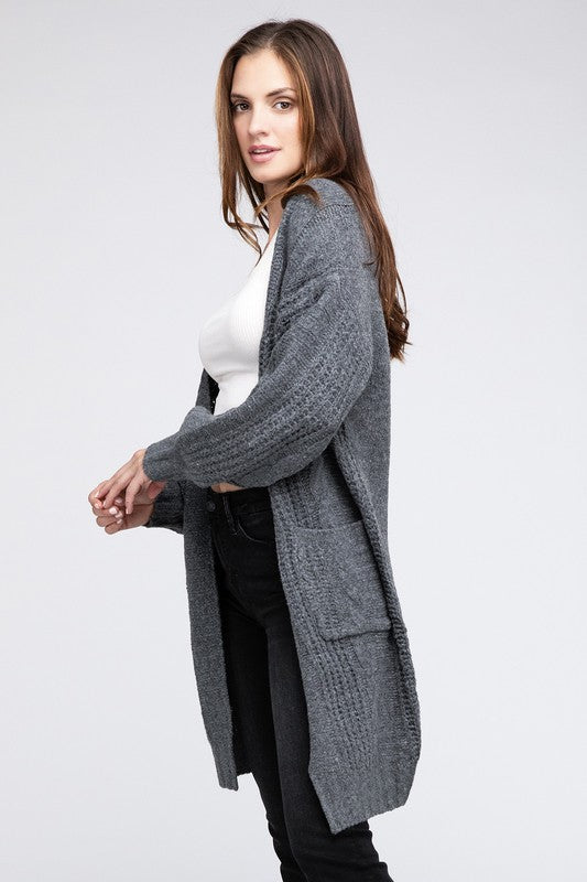 BiBi Loose Fit Long Sleeves Twist Knitted Pockets Open Front Cardigan