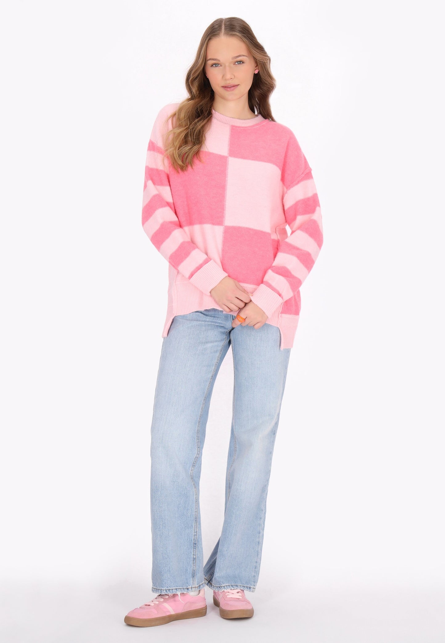 Threaded Pear Abigail Color Block Striped High Low Hem Loose Fit Sweater | Pink
