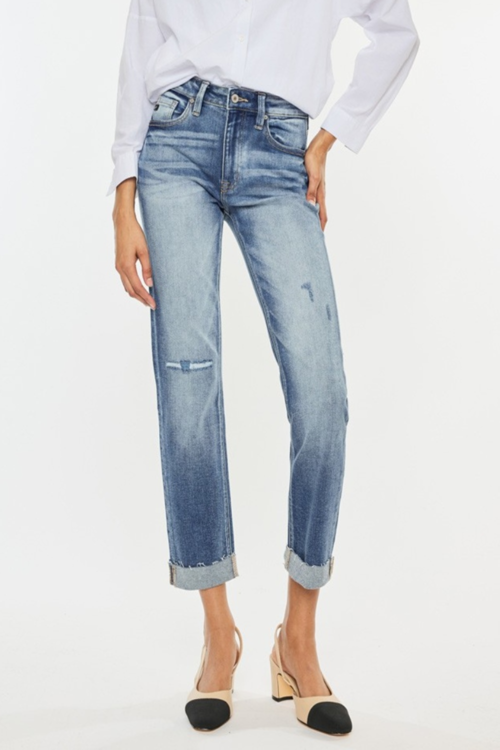 KanCan High Rise Waist Cuffed Detail Medium Washed Ankle Straight Denim Jeans