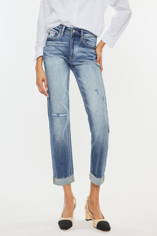 KanCan High Rise Waist Cuffed Detail Medium Washed Ankle Straight Denim Jeans