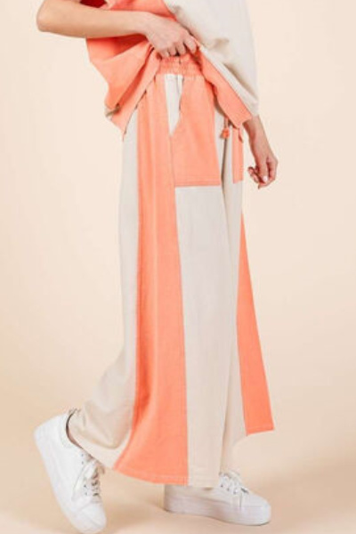 Mittoshop French Terry Color Block Elastic Waistband Wide Leg Pants | Coral