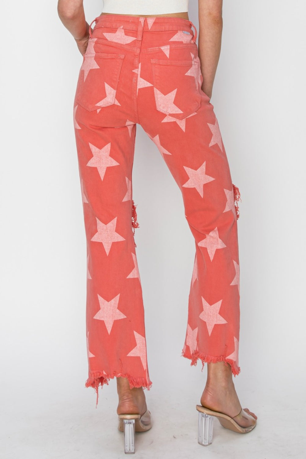 RISEN Full Size Distressed Raw Hem Star Pattern Peach Blossom Straight Jeans