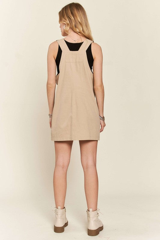 ADORA Adjustable Shoulder Strap Square Neck Pockets Overall Mini Dress | Tan