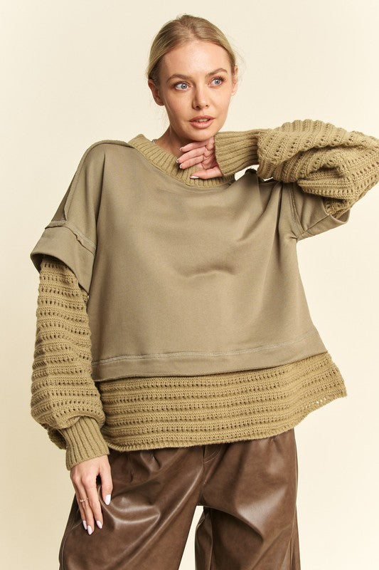 Davi & Dani Faux Layered Detail Round Neck Ribbed Knit Trim Sweater | Olive