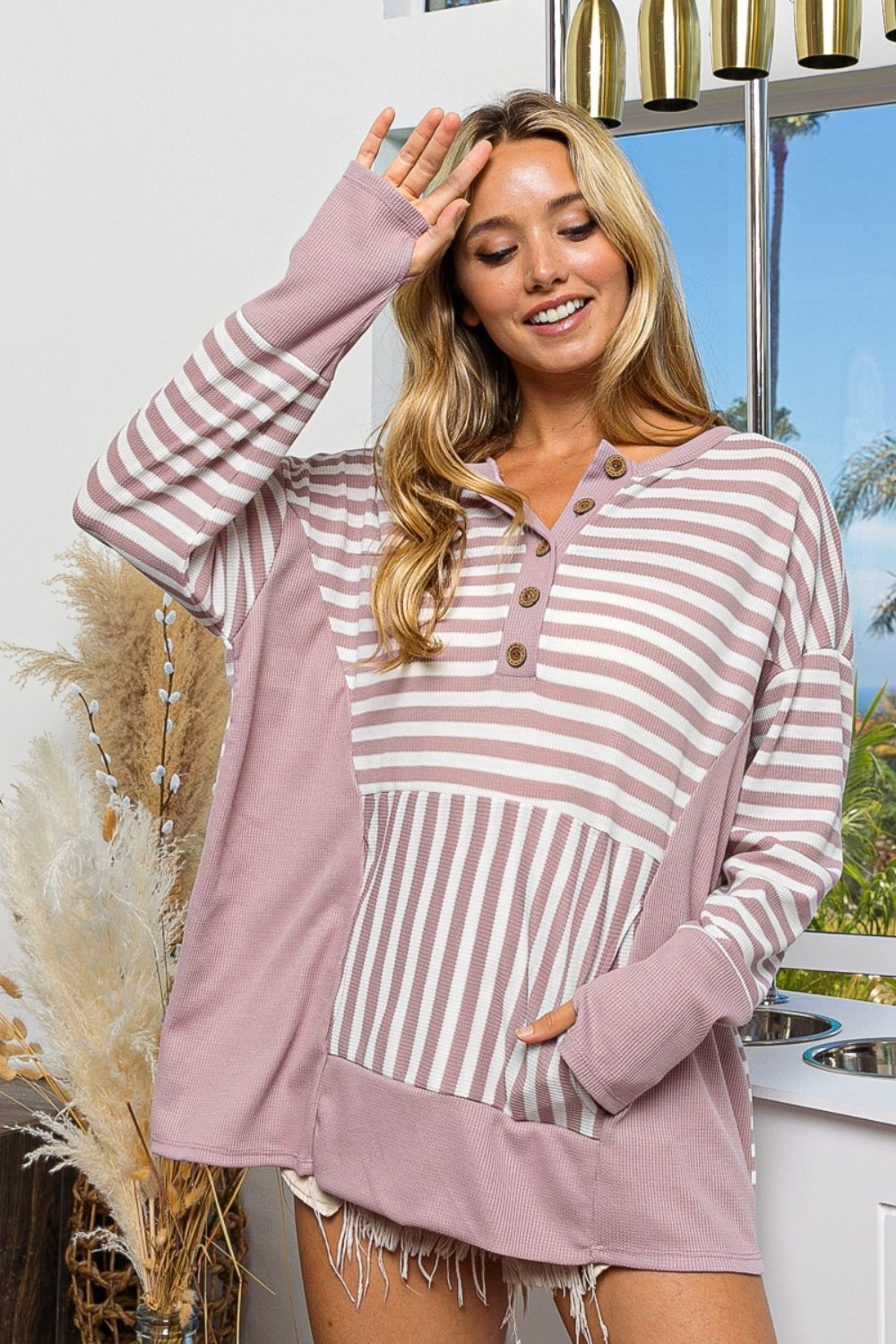 BiBi Striped Pattern Thumbhole Long Sleeves Half Buttoned Pullover Top | Mauve