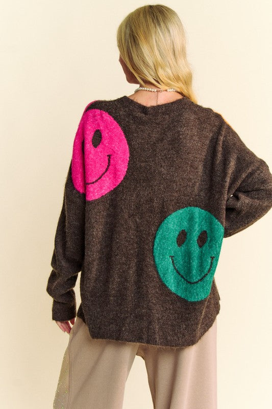 Davi & Dani Contrast Smile Round Neck Oversized Pullover Sweater | Dark Brown