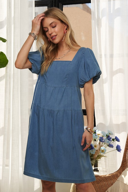 ADORA Square Neck Puff Sleeve Denim Dress | Blue