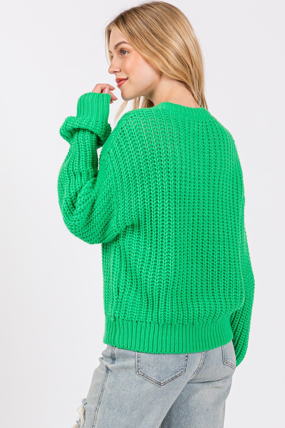 SAGE + FIG Round Neck Drop Shoulder Long Sleeves Pullover Sweater | Green