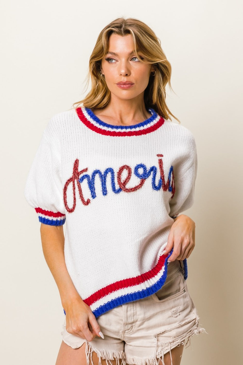 BiBi Metallic America Letter Short Sleeves Round Neck Pullover Sweater