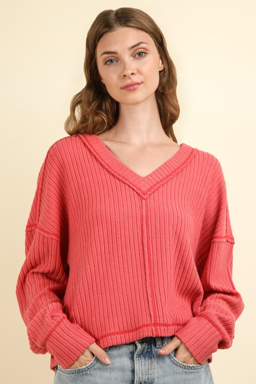 VERY J Exposed Seam V-Neck Long Sleeves Relaxed Fit Soft Ribbed Knit Top | Coral