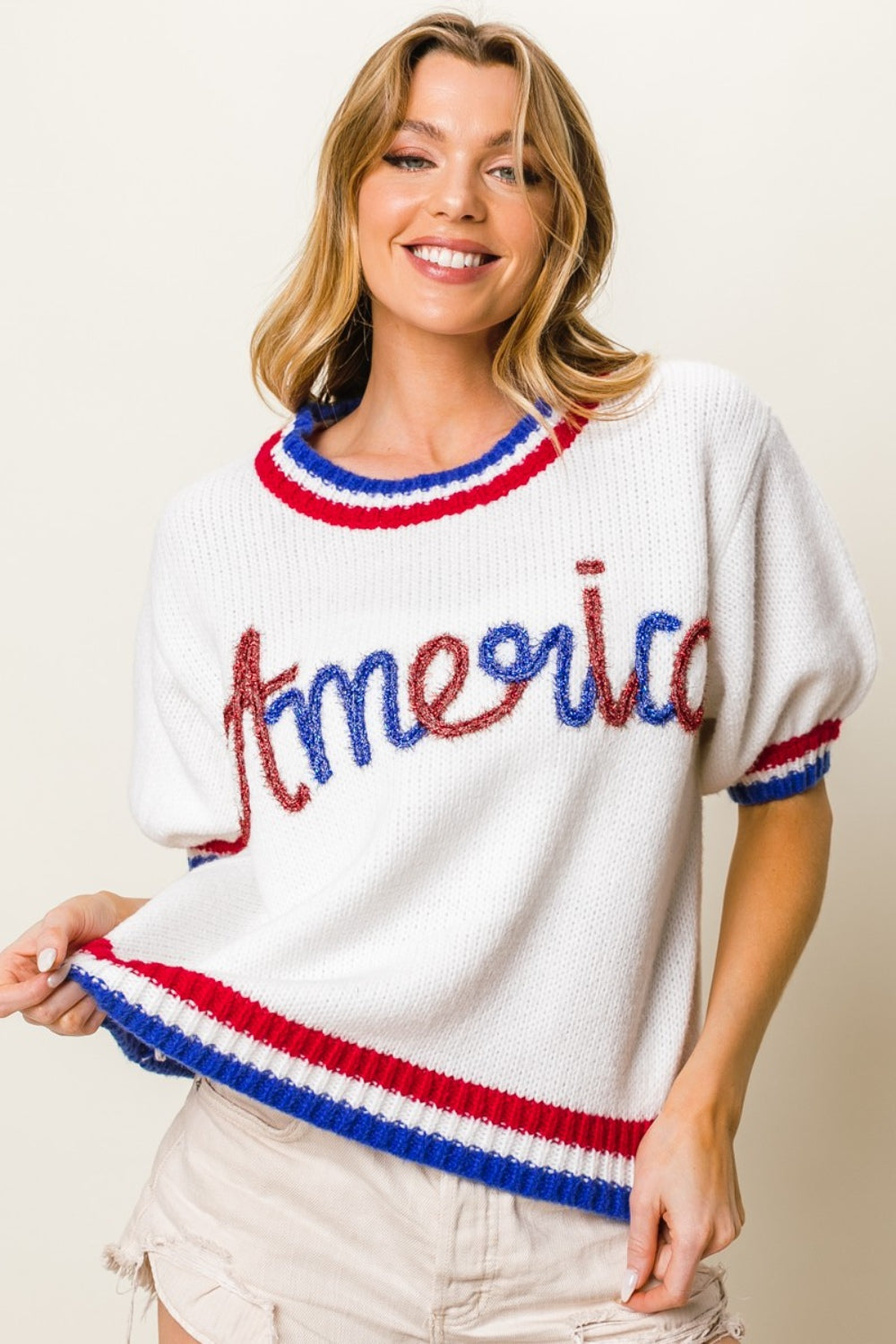 BiBi Metallic America Letter Short Sleeves Round Neck Pullover Sweater