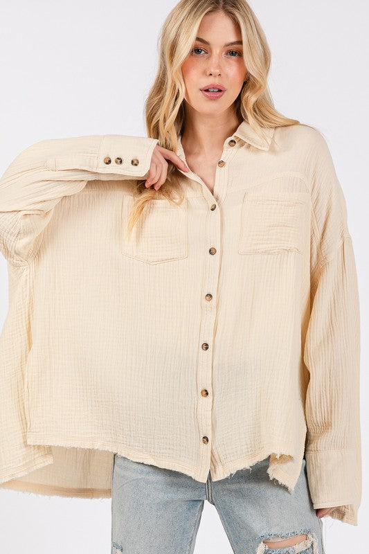 SAGE + FIG Frayed Hem Side Slit Button Down Shirt | Natural