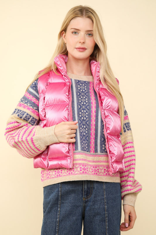 VERY J Shiny Metallic Zip Up High Neckline Side Pockets Puffer Vest | Pink