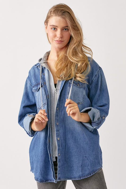 RISEN Oversized Long Sleeves Zip Up Pockets Dark Wash Hooded Denim Shirt