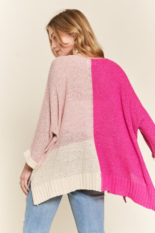 ADORA Side Slit Color Block Long Sleeves V-Neck Lightweight Sweater | Hot Pink