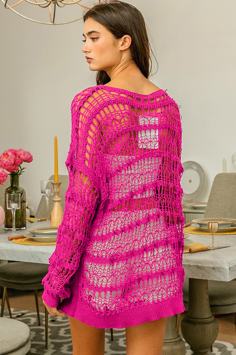 BiBi Relaxed Fit Openwork Long Sleeves Knit Cover Up Top | Fuchsia