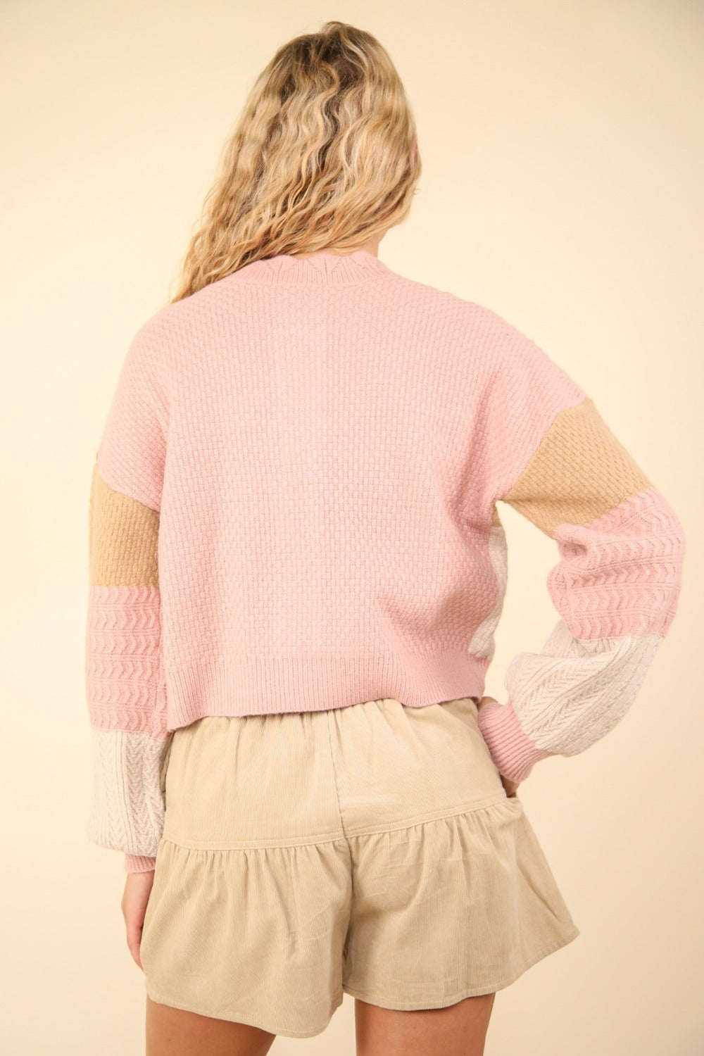 VERY J Color Block Button Down Textured Knit Cropped Sweater Cardigan | Blush