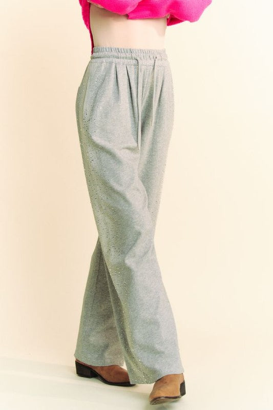 Davi & Dani Rhinestone Elastic Waist Drawstring Pockets Wide Leg Pants | Grey