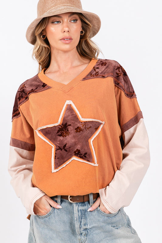 SAGE + FIG Star Patch Cotton Long Sleeves Color Block Oversized T-Shirt | Rust