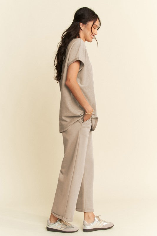 Davi & Dani Crew Neck Short Sleeves Top & Wide Leg Pants Lounge Set | Khaki