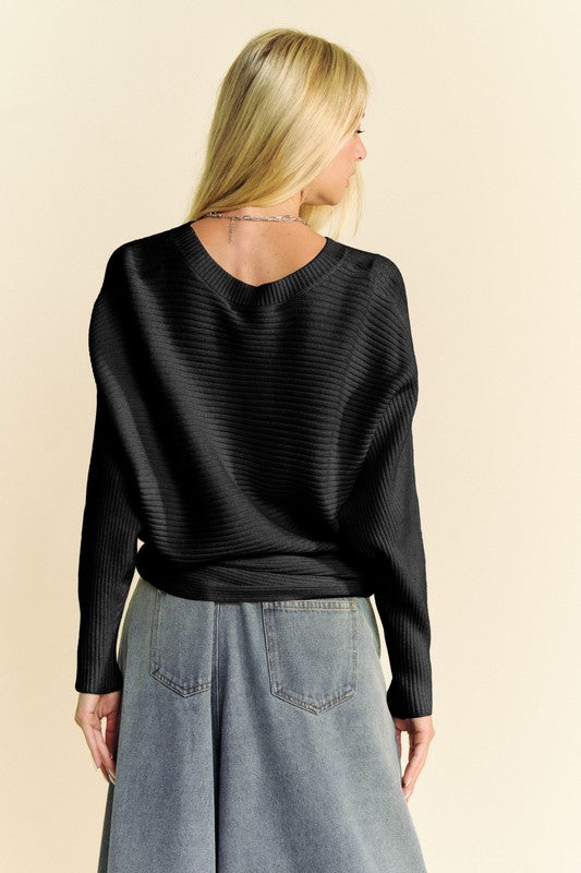 Davi & Dani Round Neck Batwing Sleeve Sweater | Black