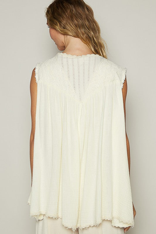 POL Embroidered Pearl Detail Layering Open Front Sleeveless Cardigan | Cream