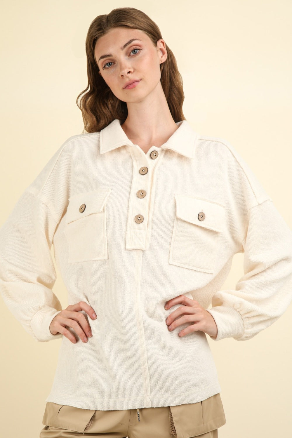 VERY J Collared Half Button Up Front Chest Pockets Oversized Knit Top | Cream