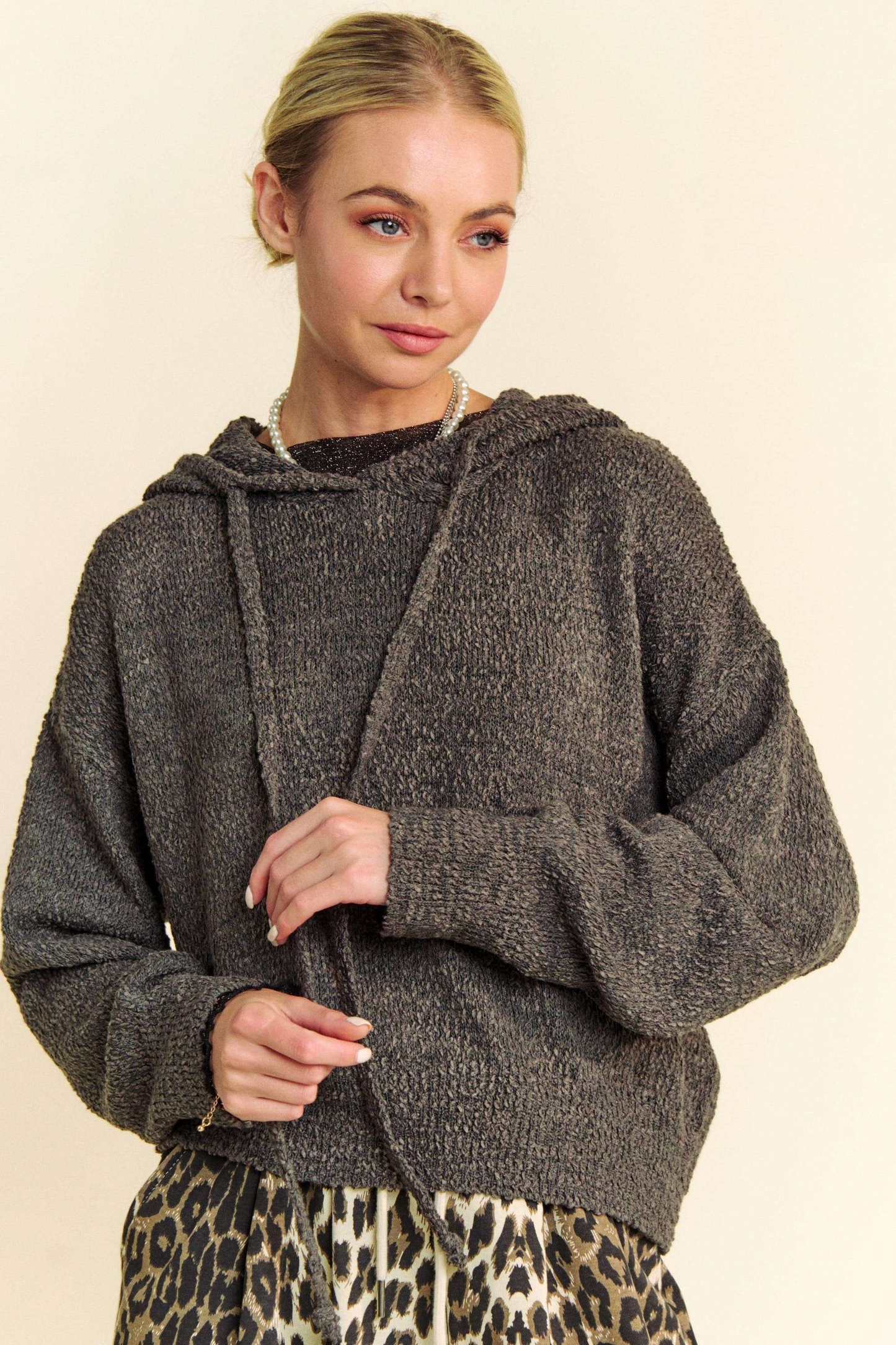 Davi & Dani Drop Shoulder Long Sleeves Drawstring Hooded Sweater | Charcoal