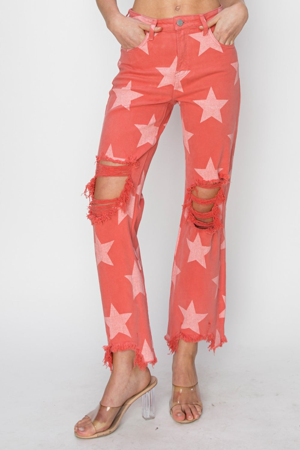 RISEN Full Size Distressed Raw Hem Star Pattern Peach Blossom Straight Jeans