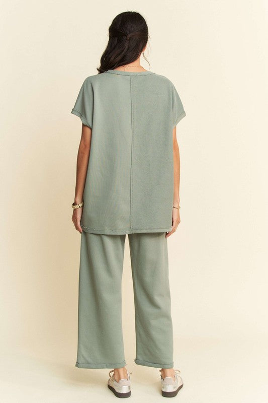 Davi & Dani Crew Neck Short Sleeves Top & Wide Leg Pants Lounge Set | Olive Sage