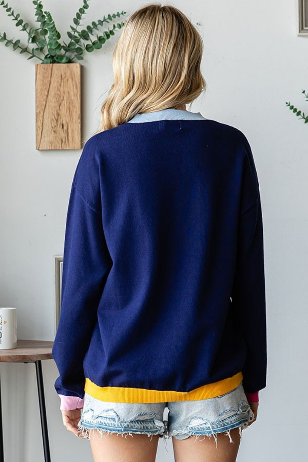 First Love Contrast Ribbed Round Neck Long Sleeves Pullover Sweater | Navy