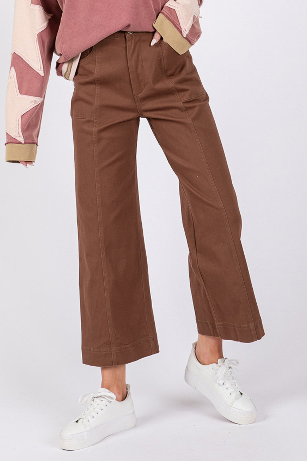 SAGE + FIG Adjustable Button Closure Pockets Wide Leg Cropped Pants | Mocha