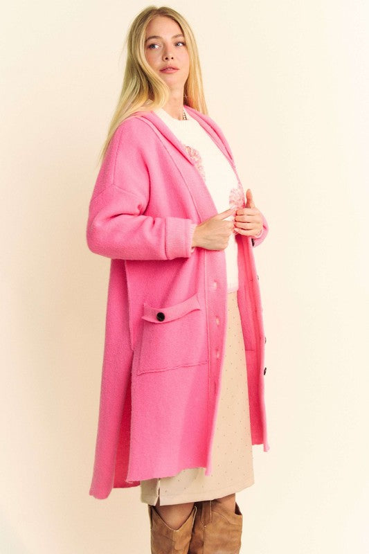 Davi & Dani Side Slit Button Up Long Sleeves Pockets Hooded Cardigan | Pink